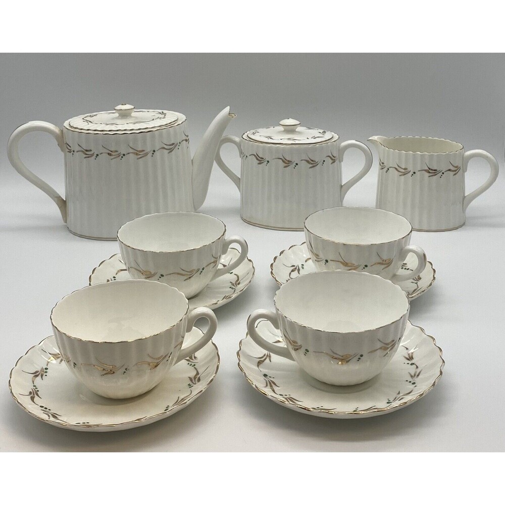 Embassy Ware Fondeville England China Set Green Dot Gold Leaf Tea pot Set